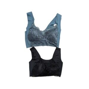 Womens Blue/Black Lace Sheer Panel Seamless Stretch Bralette Crop Top Size Large